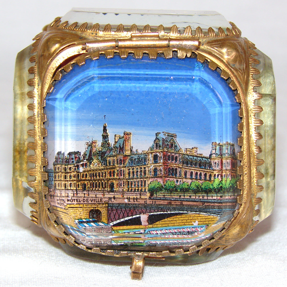 Antique French Grand Tour Style Souvenir Casket, Beveled Glass & Eglomise Scene: Hotel de Ville