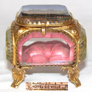 Antique French Grand Tour Style Souvenir Casket, Beveled Glass & Eglomise Scene: Hotel de Ville