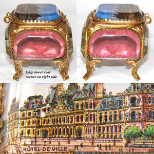 Antique French Grand Tour Style Souvenir Casket, Beveled Glass & Eglomise Scene: Hotel de Ville