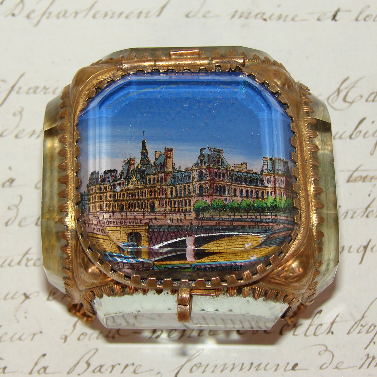 Antique French Grand Tour Style Souvenir Casket, Beveled Glass & Eglomise Scene: Hotel de Ville