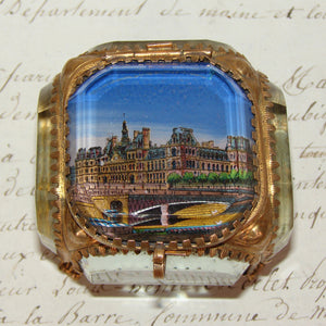 Antique French Grand Tour Style Souvenir Casket, Beveled Glass & Eglomise Scene: Hotel de Ville