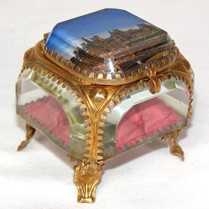 Antique French Grand Tour Style Souvenir Casket, Beveled Glass & Eglomise Scene: Hotel de Ville