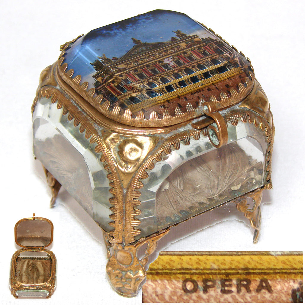 Antique French Grand Tour Style Souvenir Casket, Beveled Glass & Eglomise Scene: Opera Garnier