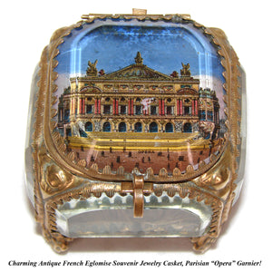 Antique French Grand Tour Style Souvenir Casket, Beveled Glass & Eglomise Scene: Opera Garnier