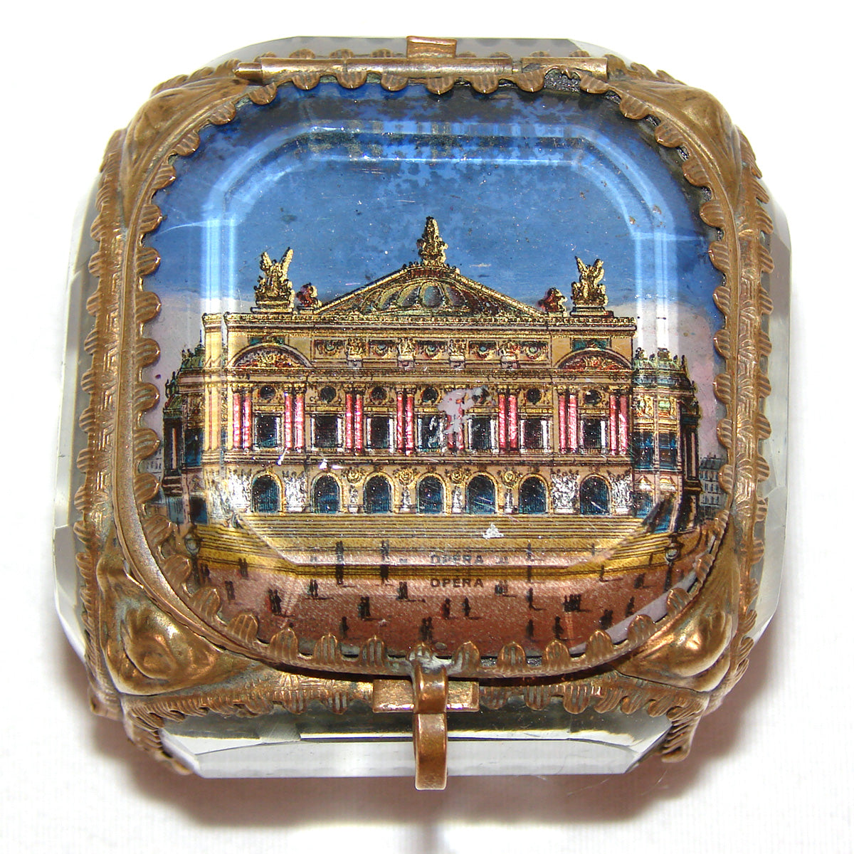 Antique French Grand Tour Style Souvenir Casket, Beveled Glass & Eglomise Scene: Opera Garnier