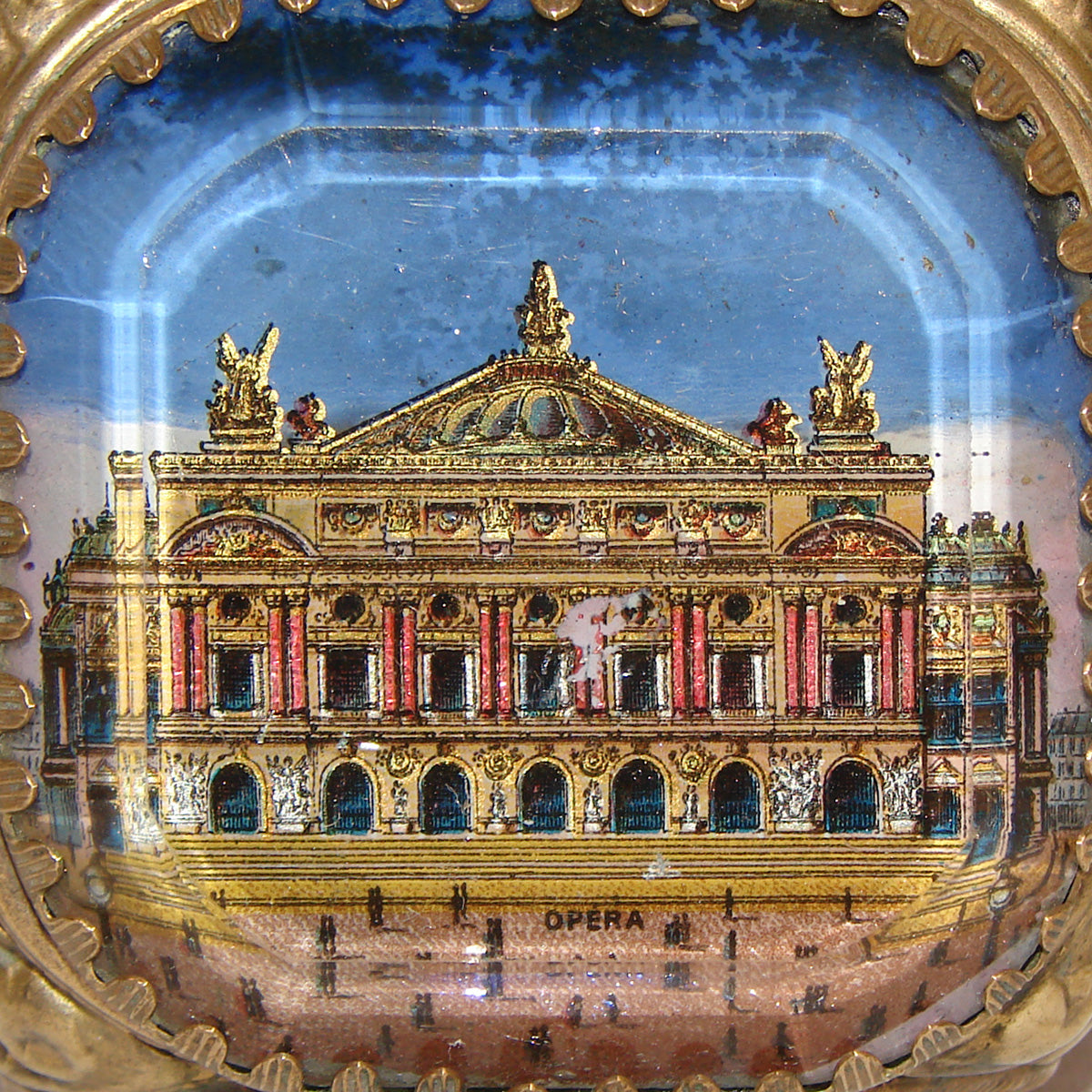 Antique French Grand Tour Style Souvenir Casket, Beveled Glass & Eglomise Scene: Opera Garnier