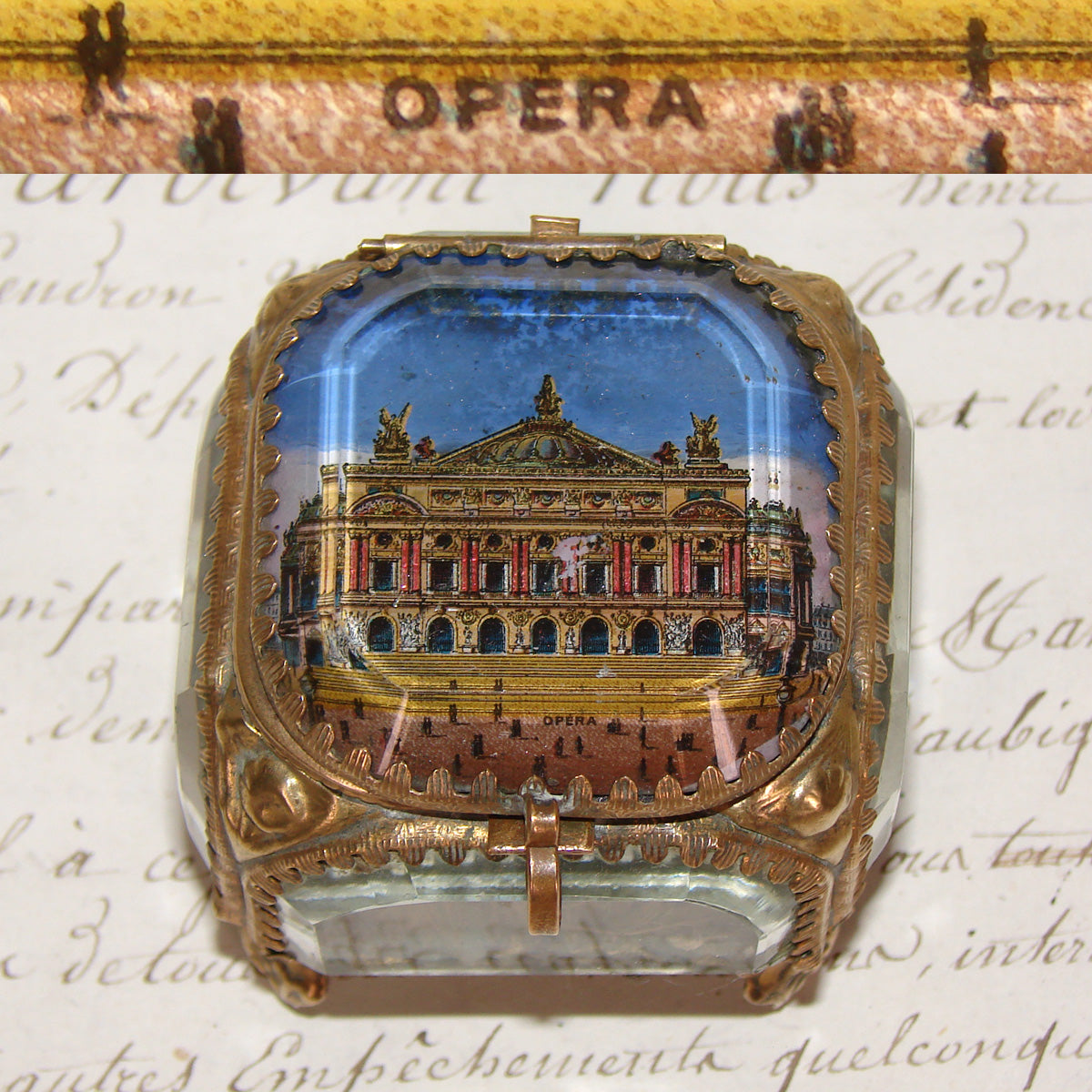 Antique French Grand Tour Style Souvenir Casket, Beveled Glass & Eglomise Scene: Opera Garnier