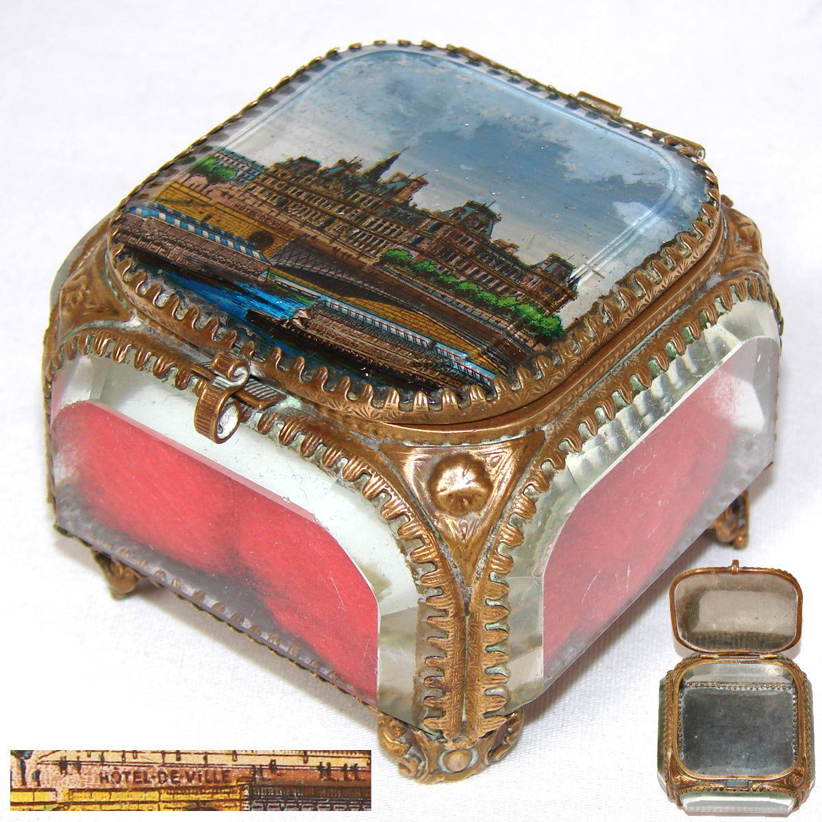 Antique French Grand Tour Style Souvenir Casket, Beveled Glass & Eglomise Scene: Paris Hotel de Ville