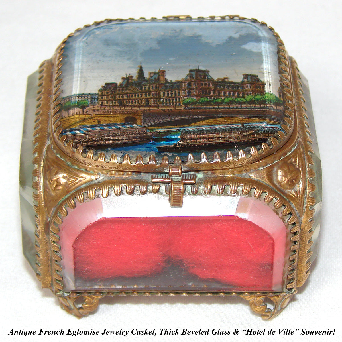 Antique French Grand Tour Style Souvenir Casket, Beveled Glass & Eglomise Scene: Paris Hotel de Ville