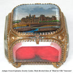 Antique French Grand Tour Style Souvenir Casket, Beveled Glass & Eglomise Scene: Paris Hotel de Ville