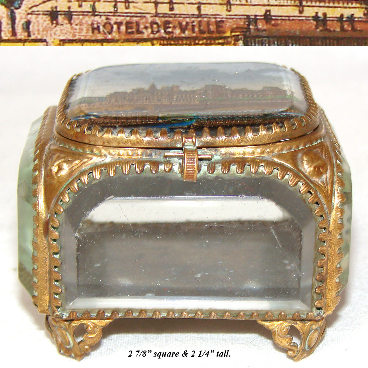 Antique French Grand Tour Style Souvenir Casket, Beveled Glass & Eglomise Scene: Paris Hotel de Ville