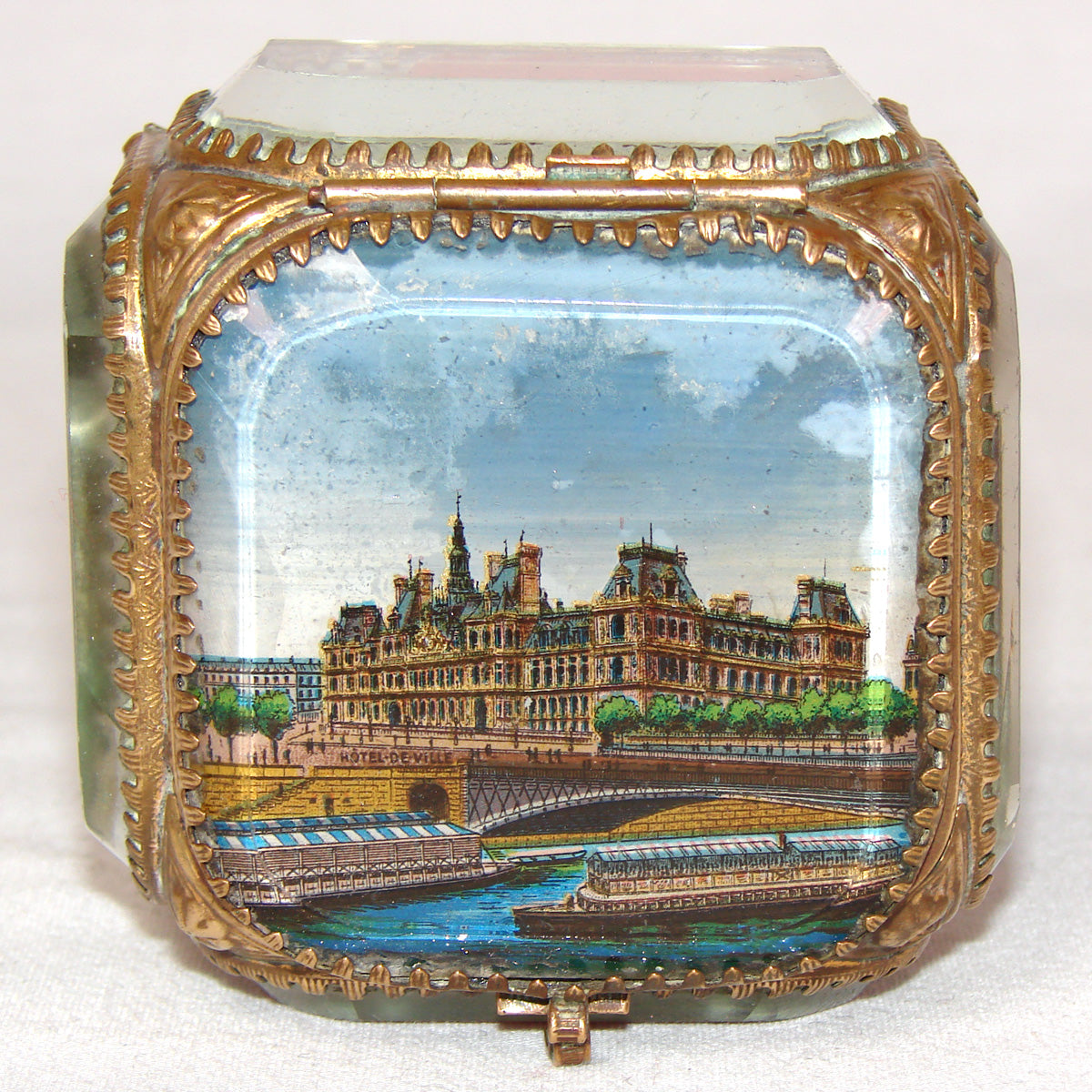 Antique French Grand Tour Style Souvenir Casket, Beveled Glass & Eglomise Scene: Paris Hotel de Ville