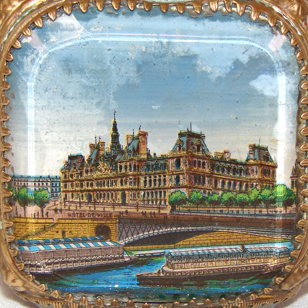 Antique French Grand Tour Style Souvenir Casket, Beveled Glass & Eglomise Scene: Paris Hotel de Ville