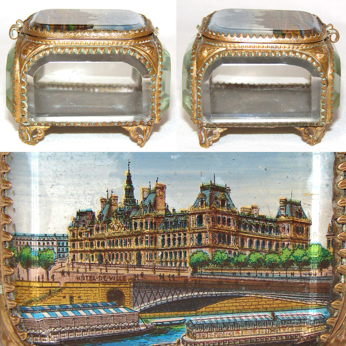 Antique French Grand Tour Style Souvenir Casket, Beveled Glass & Eglomise Scene: Paris Hotel de Ville