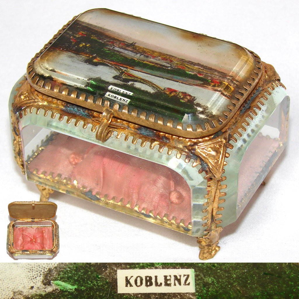 Antique German Grand Tour Style Souvenir Casket, Beveled Glass & "Koblenz" Eglomise Scene