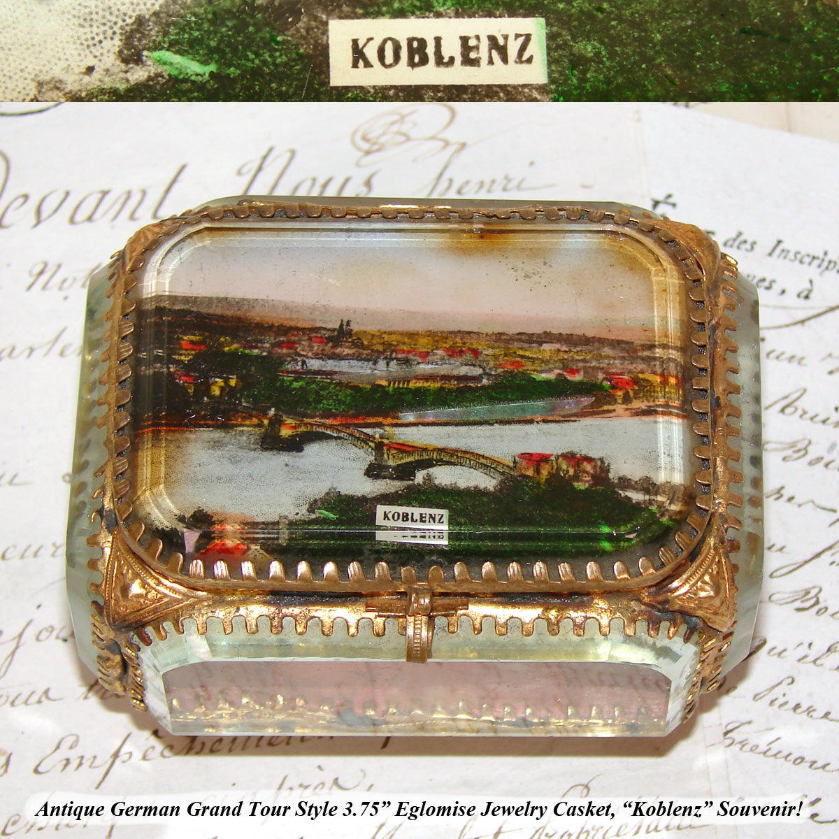 Antique German Grand Tour Style Souvenir Casket, Beveled Glass & "Koblenz" Eglomise Scene