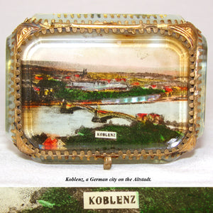 Antique German Grand Tour Style Souvenir Casket, Beveled Glass & "Koblenz" Eglomise Scene