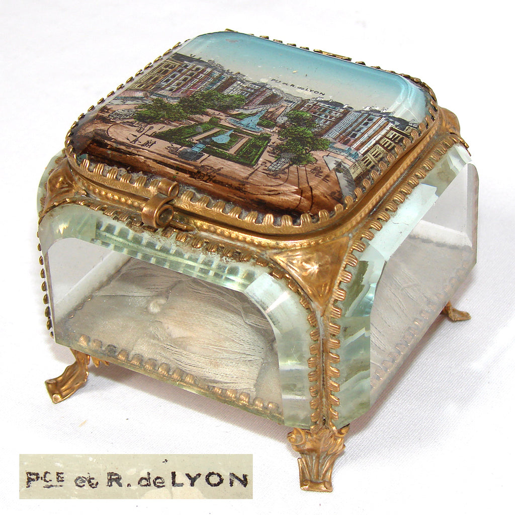 Antique French Grand Tour Style Souvenir Casket, Beveled Glass & Eglomise Scene: "Place et Rue de Lyon"