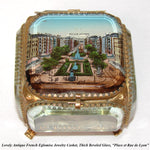 Antique French Grand Tour Style Souvenir Casket, Beveled Glass & Eglomise Scene: "Place et Rue de Lyon"