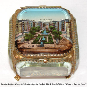 Antique French Grand Tour Style Souvenir Casket, Beveled Glass & Eglomise Scene: "Place et Rue de Lyon"