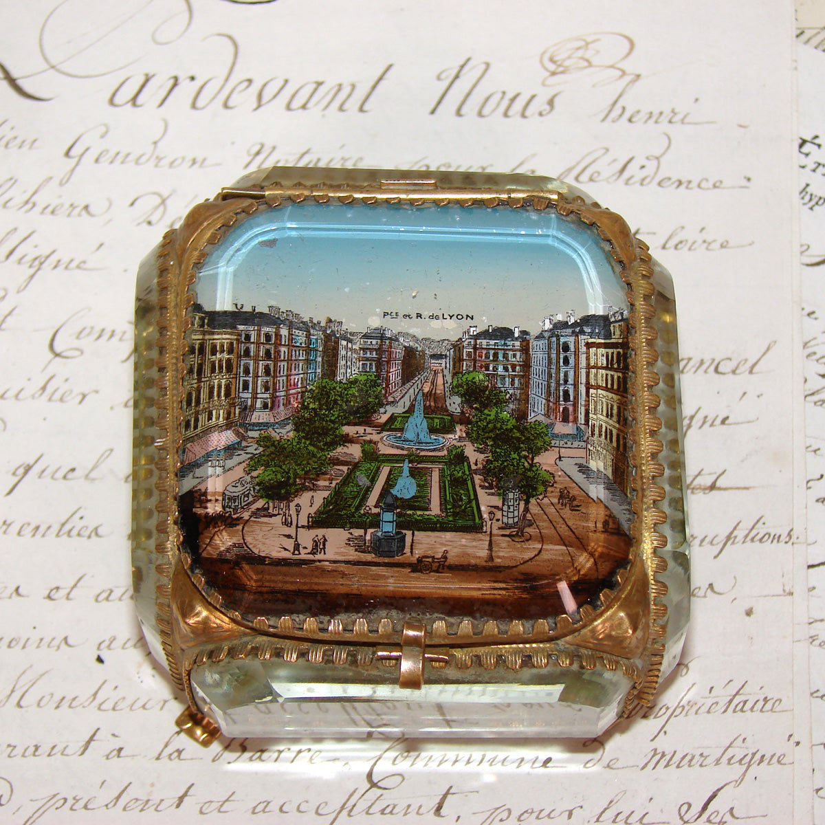 Antique French Grand Tour Style Souvenir Casket, Beveled Glass & Eglomise Scene: "Place et Rue de Lyon"