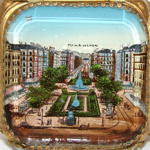 Antique French Grand Tour Style Souvenir Casket, Beveled Glass & Eglomise Scene: "Place et Rue de Lyon"