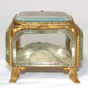 Antique French Grand Tour Style Souvenir Casket, Beveled Glass & Eglomise Scene: "Place et Rue de Lyon"