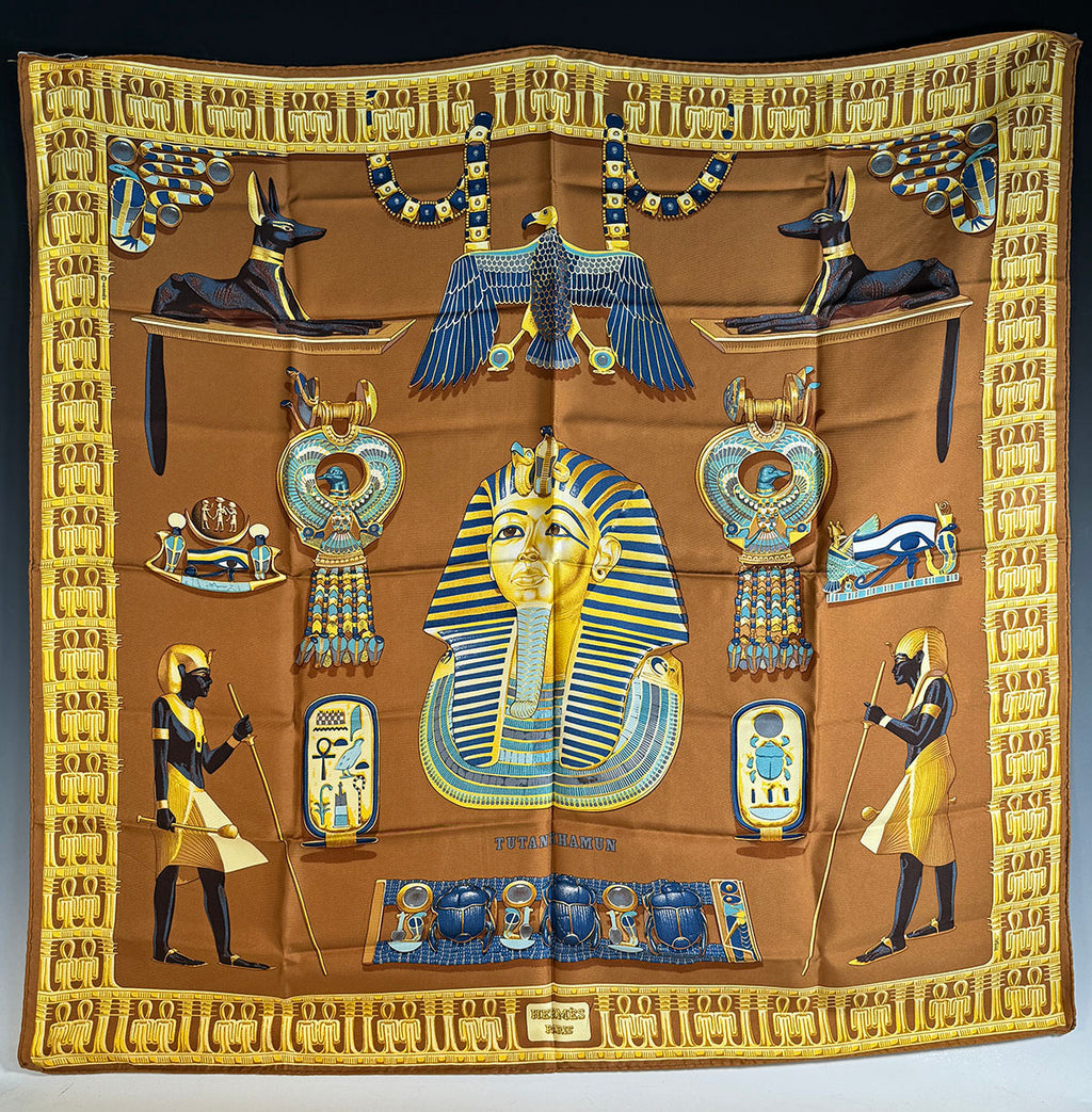 Beautiful Vintage Hermés 90cm Silk Scarf, "Tutankhamun" Original Art 1976 Edition by Vladimir Rybaltchenko..