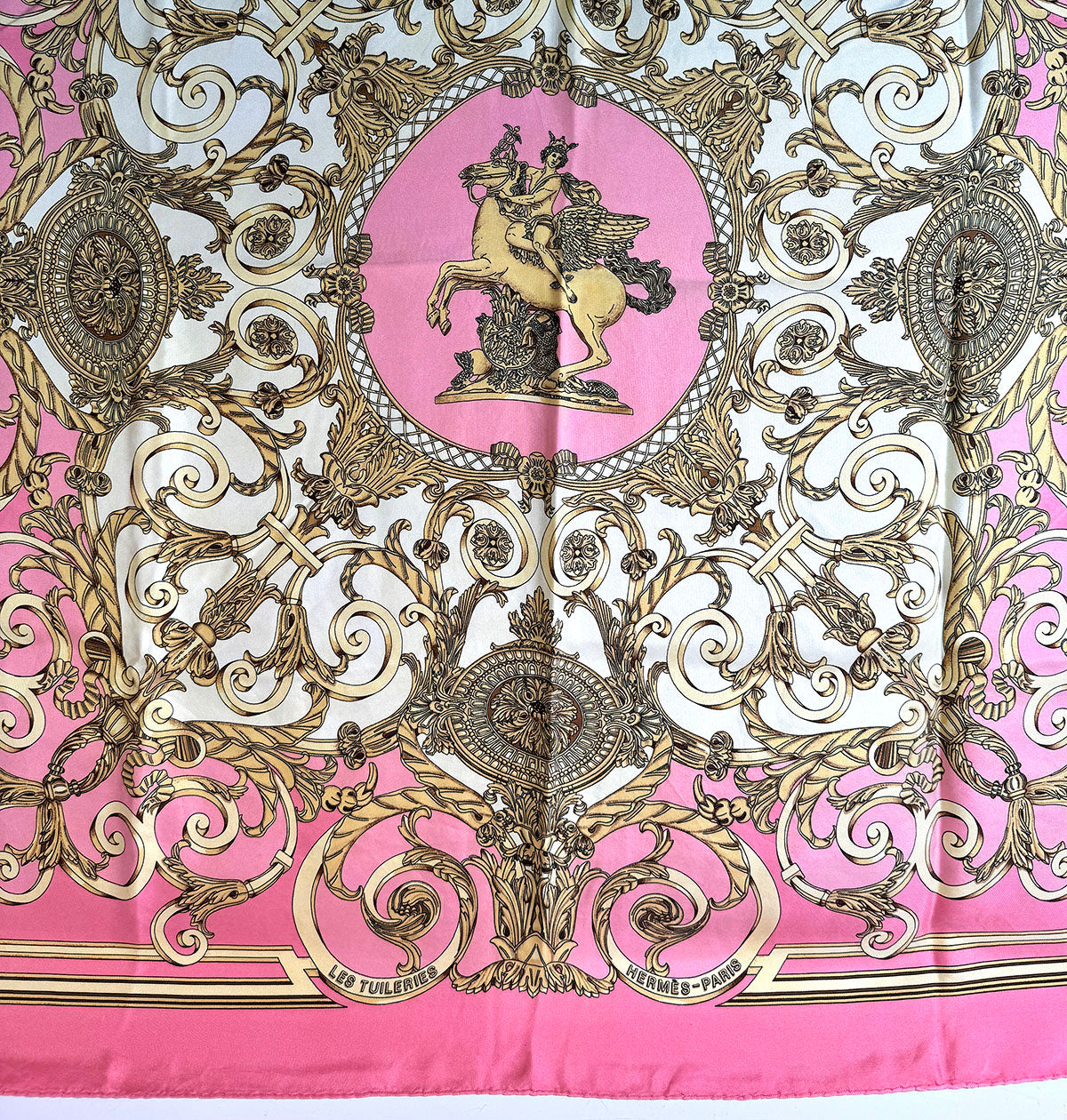 Beautiful Vintage 1990 French Hermés 90cm Silk Twill Scarf "Les Tuileries" by Joaquin Metz