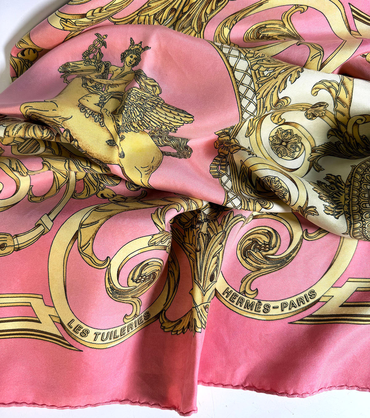 Beautiful Vintage 1990 French Hermés 90cm Silk Twill Scarf "Les Tuileries" by Joaquin Metz