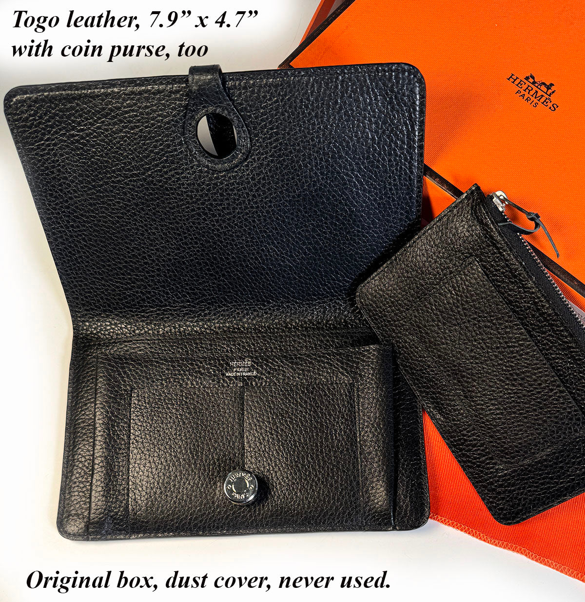 Hermés Togo black leather Dogon Wallet with Coin Purse, never worn, Original Box, Dust Cover