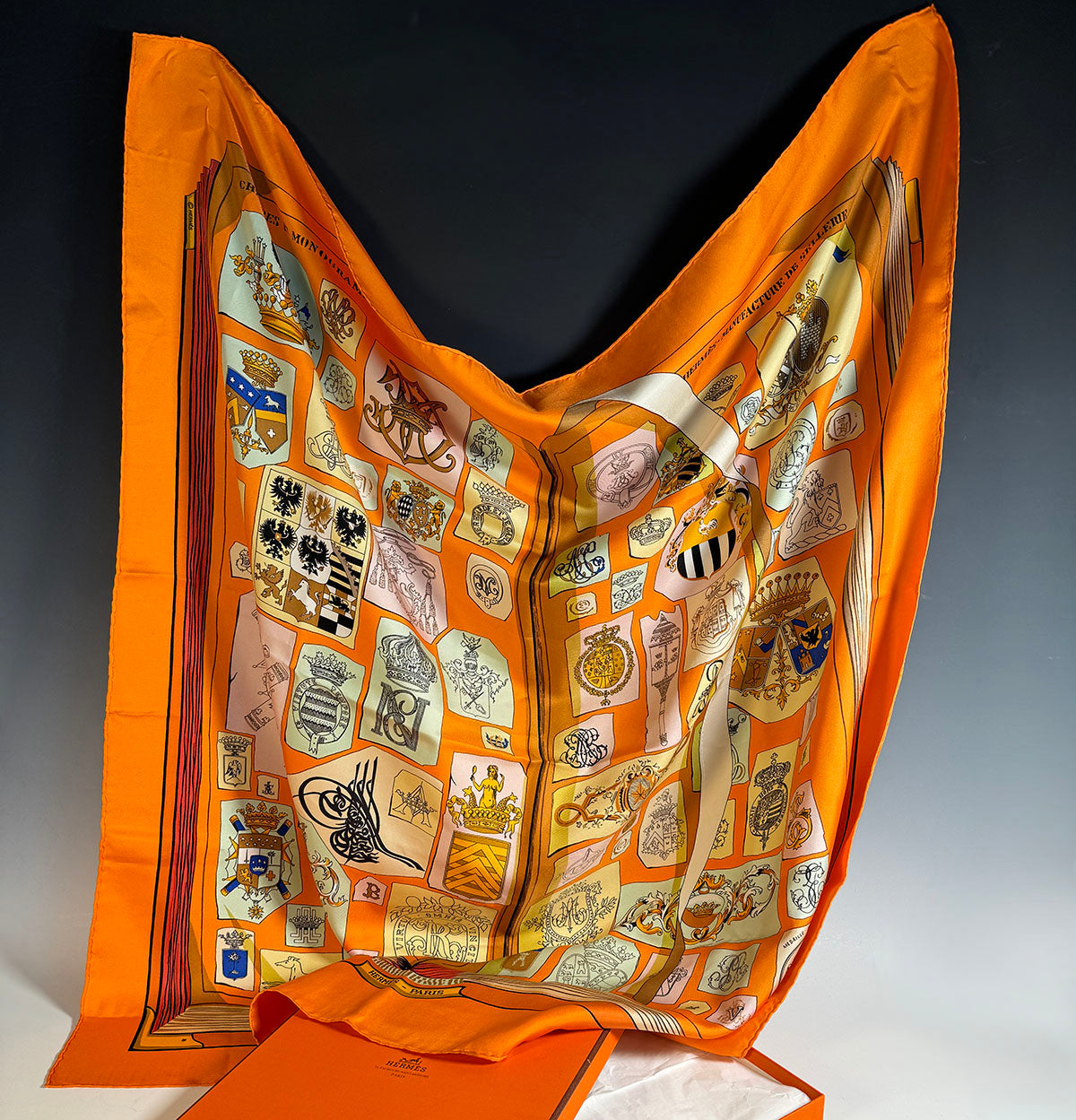 Superb Vintage 1986 French Hermés 90cm Silk Twill Scarf "Chiffres et Monogrammes" by Coutin