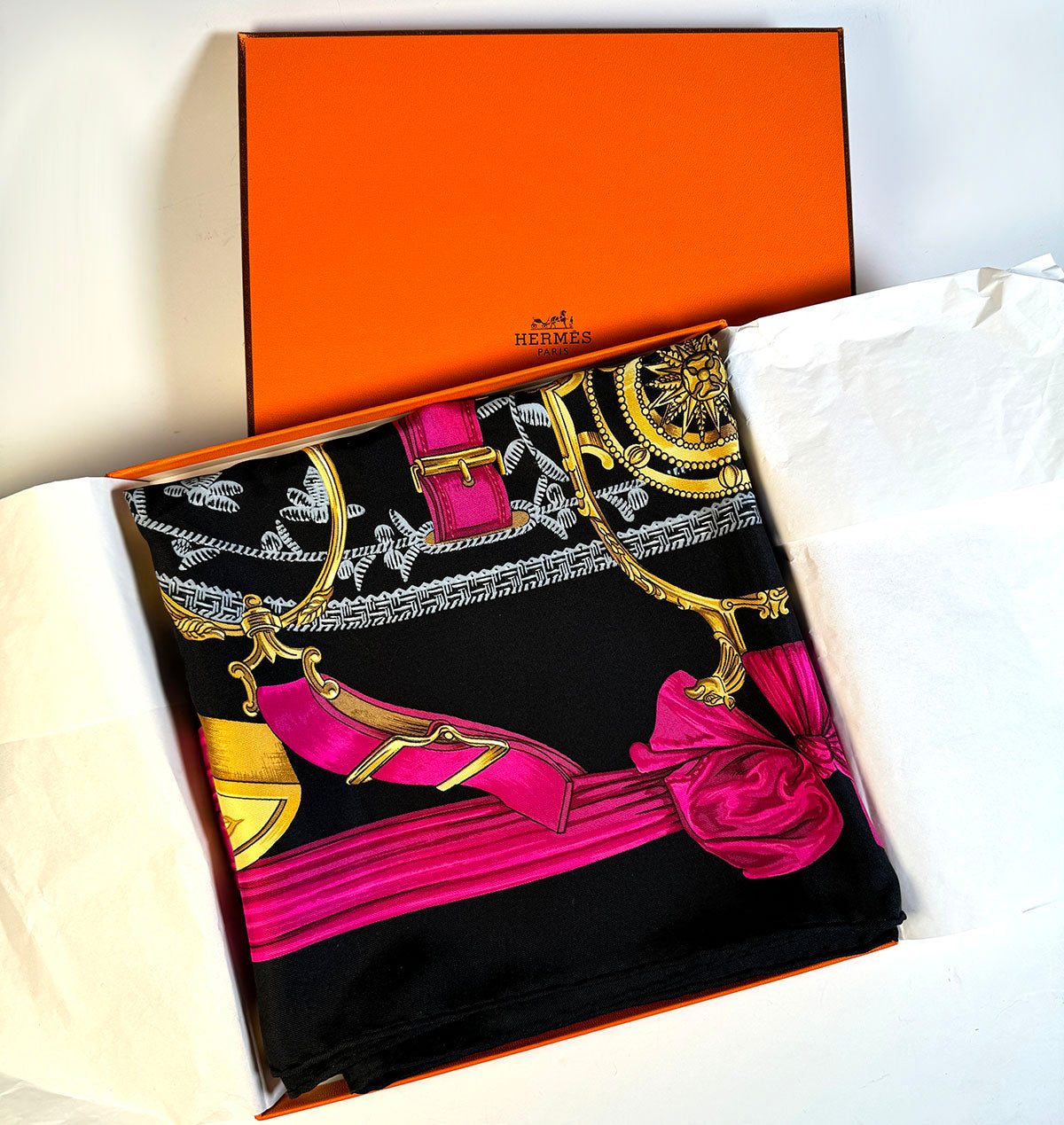 "Etriers" Hermés 90 cm silk scarf in box, the artist's original work designed c. 1964 by F de la Perriere