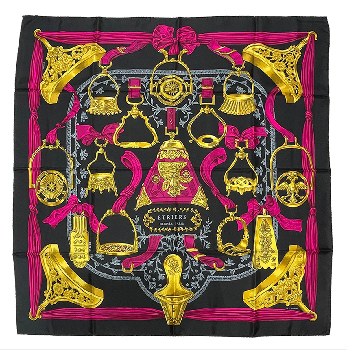 "Etriers" Hermés 90 cm silk scarf in box, the artist's original work designed c. 1964 by F de la Perriere