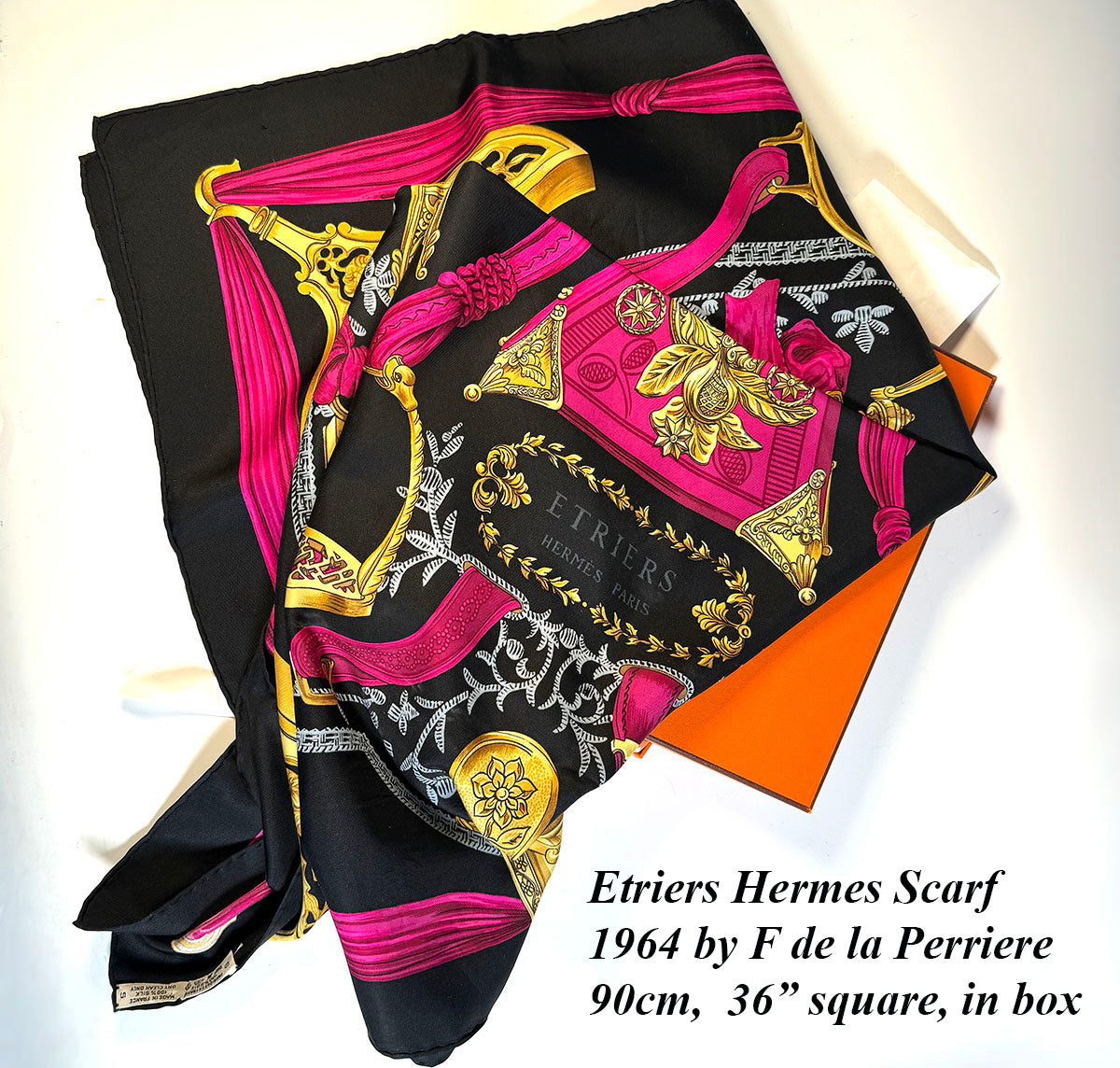 "Etriers" Hermés 90 cm silk scarf in box, the artist's original work designed c. 1964 by F de la Perriere