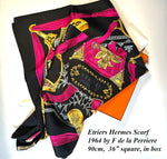 "Etriers" Hermés 90 cm silk scarf in box, the artist's original work designed c. 1964 by F de la Perriere