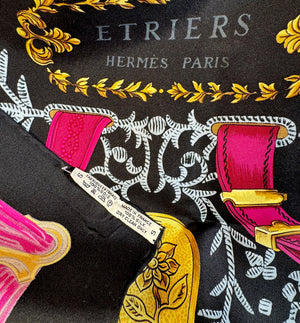 "Etriers" Hermés 90 cm silk scarf in box, the artist's original work designed c. 1964 by F de la Perriere