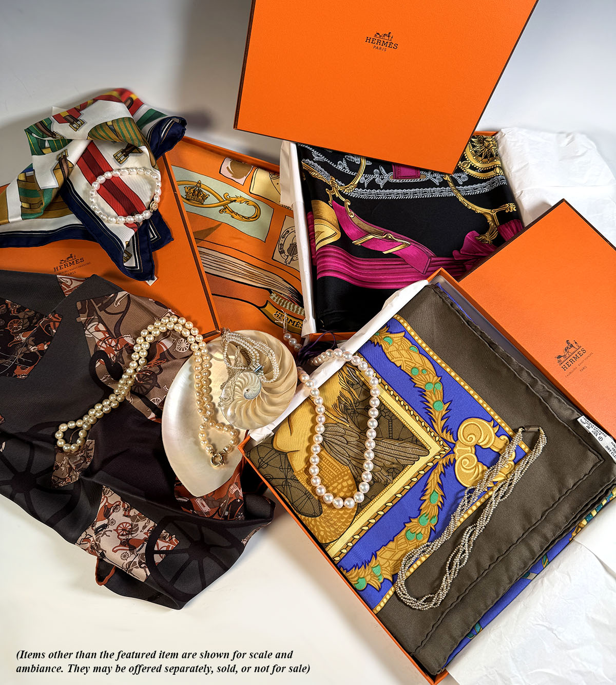 "Etriers" Hermés 90 cm silk scarf in box, the artist's original work designed c. 1964 by F de la Perriere