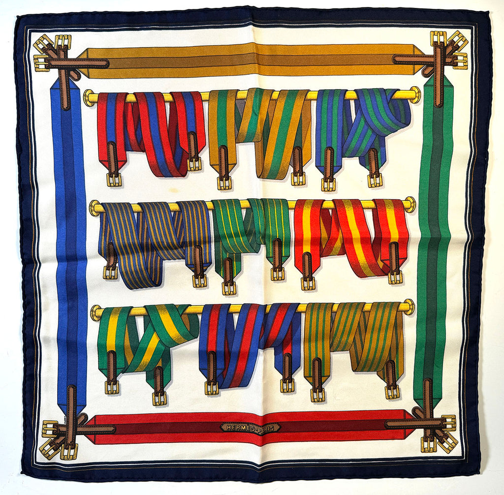 Vintage Hermés 41cm Silk Scarf, Gavroche, 16" sq "Les Sangles" Original Art 1985 Edition by Joaquin Metz