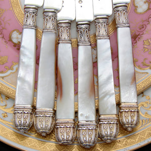 Elegant Antique French 1819-1838 6pc Sterling Silver & Vermeil 8 1/8" Cheese, Dessert or Entremet Knife Set