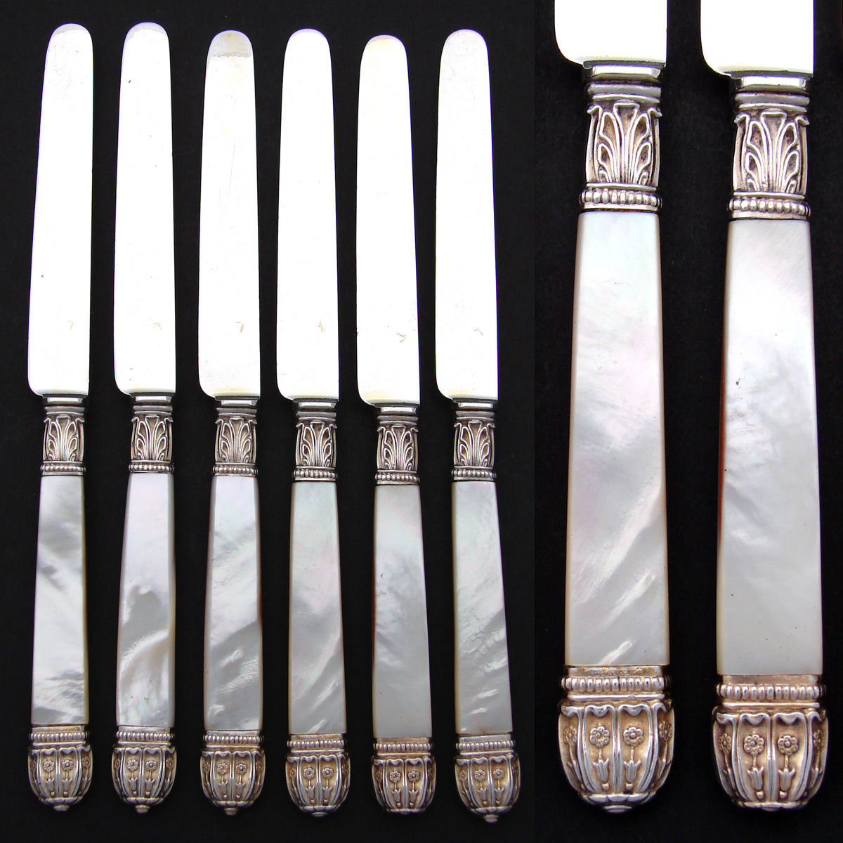 Elegant Antique French 1819-1838 6pc Sterling Silver & Vermeil 8 1/8" Cheese, Dessert or Entremet Knife Set