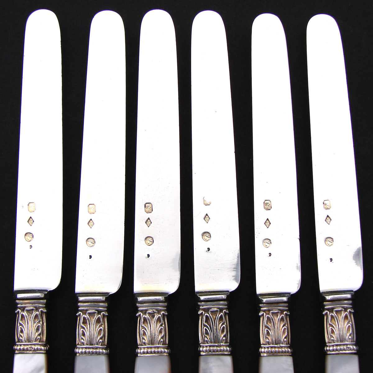 Elegant Antique French 1819-1838 6pc Sterling Silver & Vermeil 8 1/8" Cheese, Dessert or Entremet Knife Set