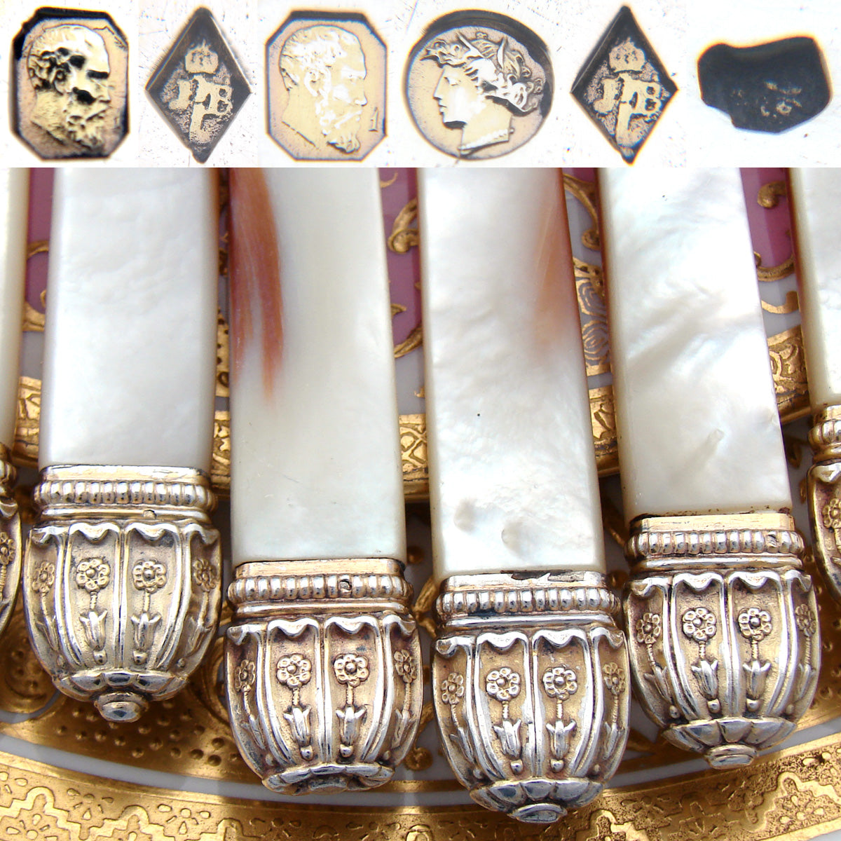 Elegant Antique French 1819-1838 6pc Sterling Silver & Vermeil 8 1/8" Cheese, Dessert or Entremet Knife Set