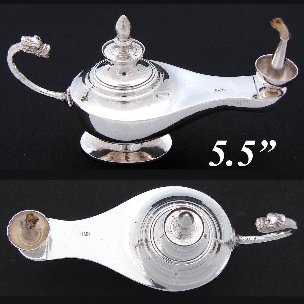 Delightful Vintage Egyptian Hallmarked Sterling Silver 5 3/8" Oil Lamp, Cigar Lighter, Figural Serpent Handle