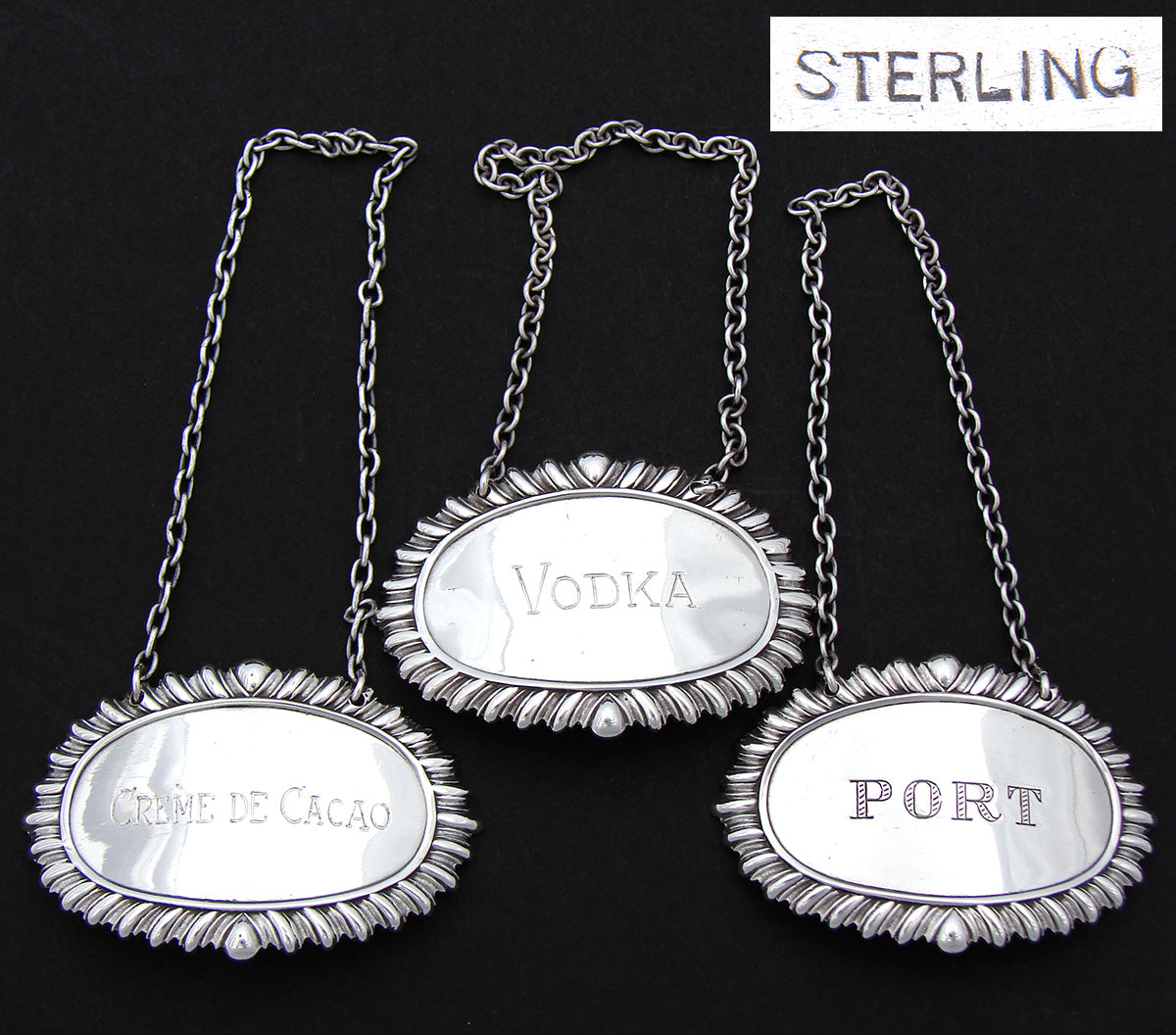 Set of 3 Antique to Vintage Sterling Silver Liqueur or Liquor Decanter Bar Tags, Labels