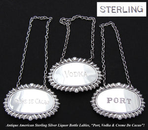 Set of 3 Antique to Vintage Sterling Silver Liqueur or Liquor Decanter Bar Tags, Labels