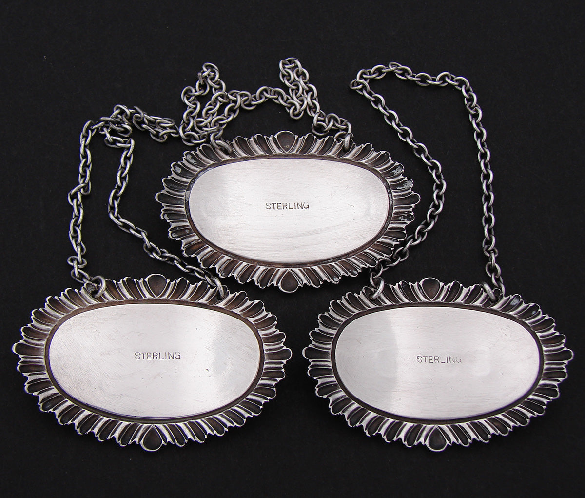 Set of 3 Antique to Vintage Sterling Silver Liqueur or Liquor Decanter Bar Tags, Labels