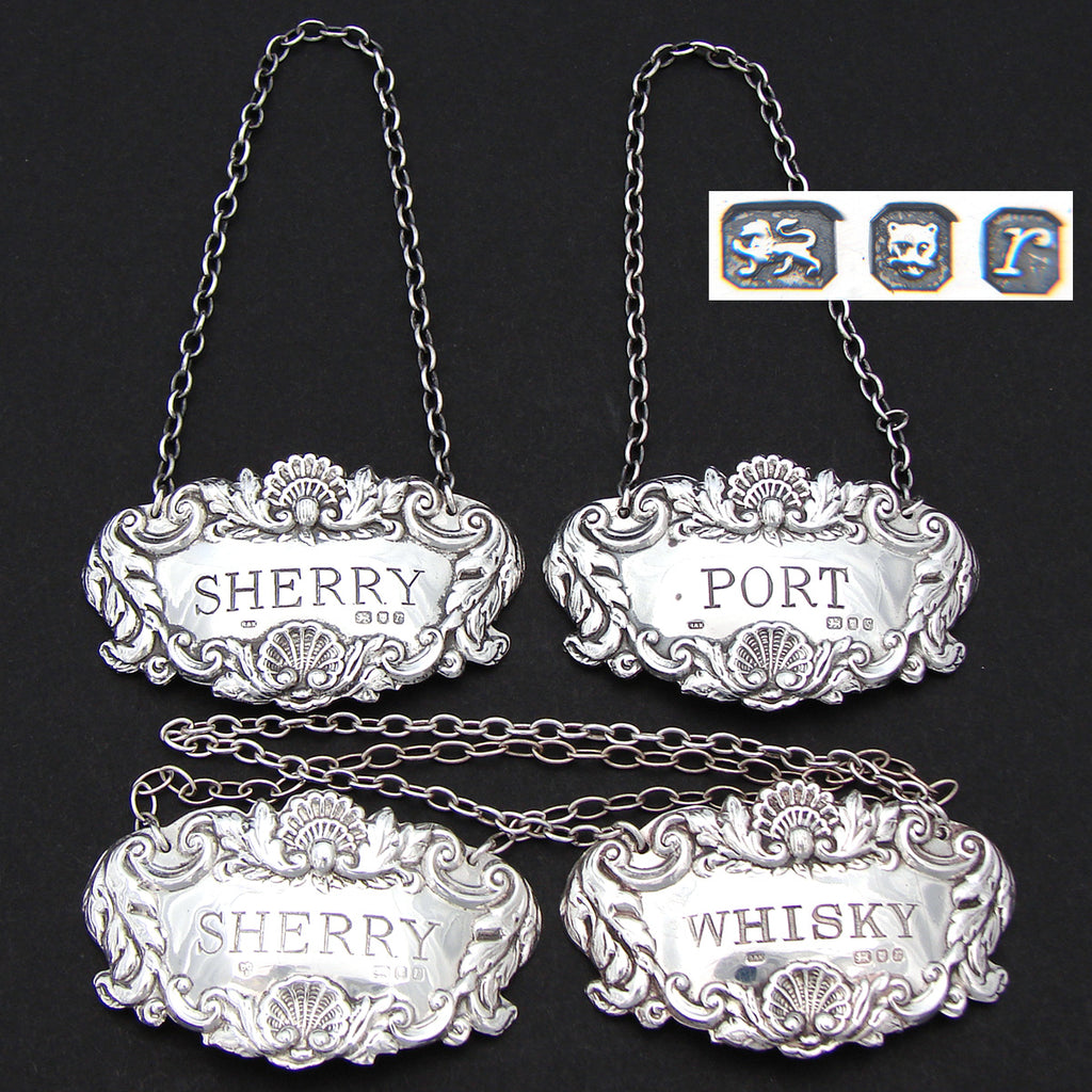 Vintage 1972 London Hallmarked Sterling Silver Liquor Bottle Tags or Labels, Seashells