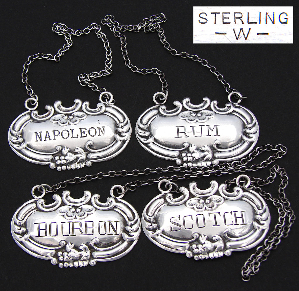 Vintage American Hallmarked Sterling Silver Liquor Bottle Tags or Labels, Scrolling Tendrils