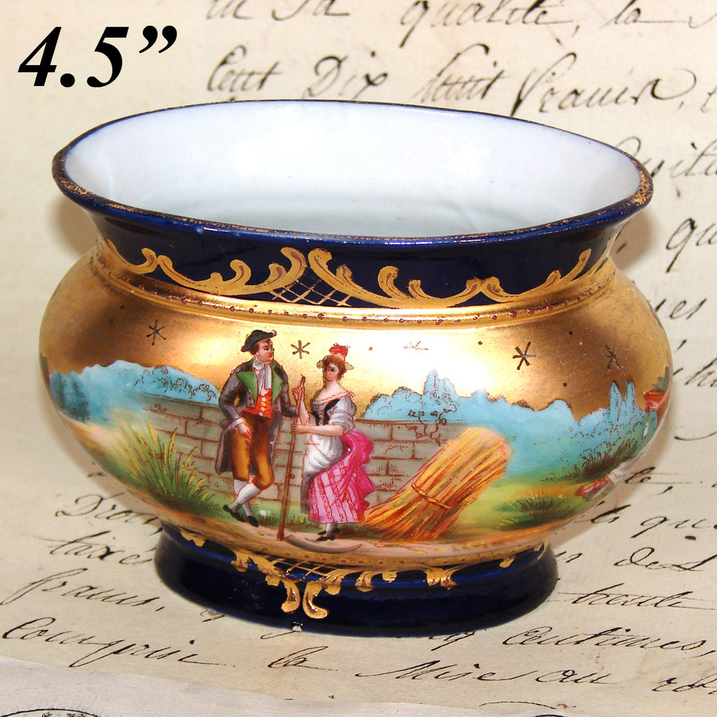 Antique French Miniature Jardiniere, Flower Bowl, Romantic Figures with Cobalt & Gold Enamel